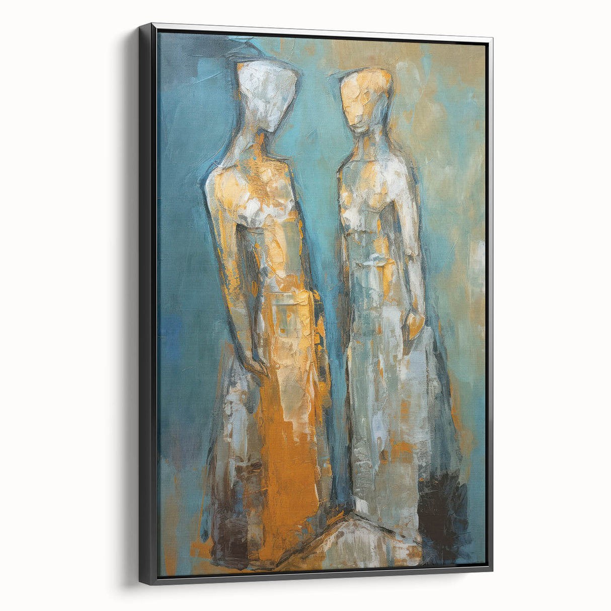Framed abstract figurative wall art showcasing a modern design in vibrant colors, displayed from a black side view, perfect for contemporary decor.
