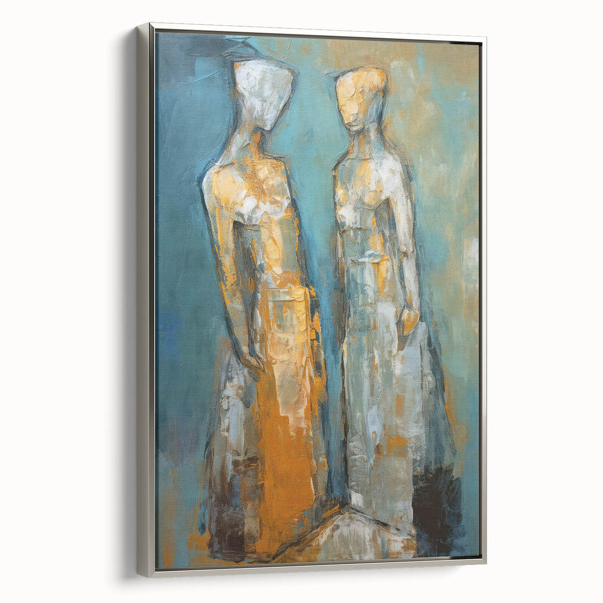 Framed abstract figurative wall art collection featuring a modern design in silver tones, showcasing depth and texture against a sleek backdrop.