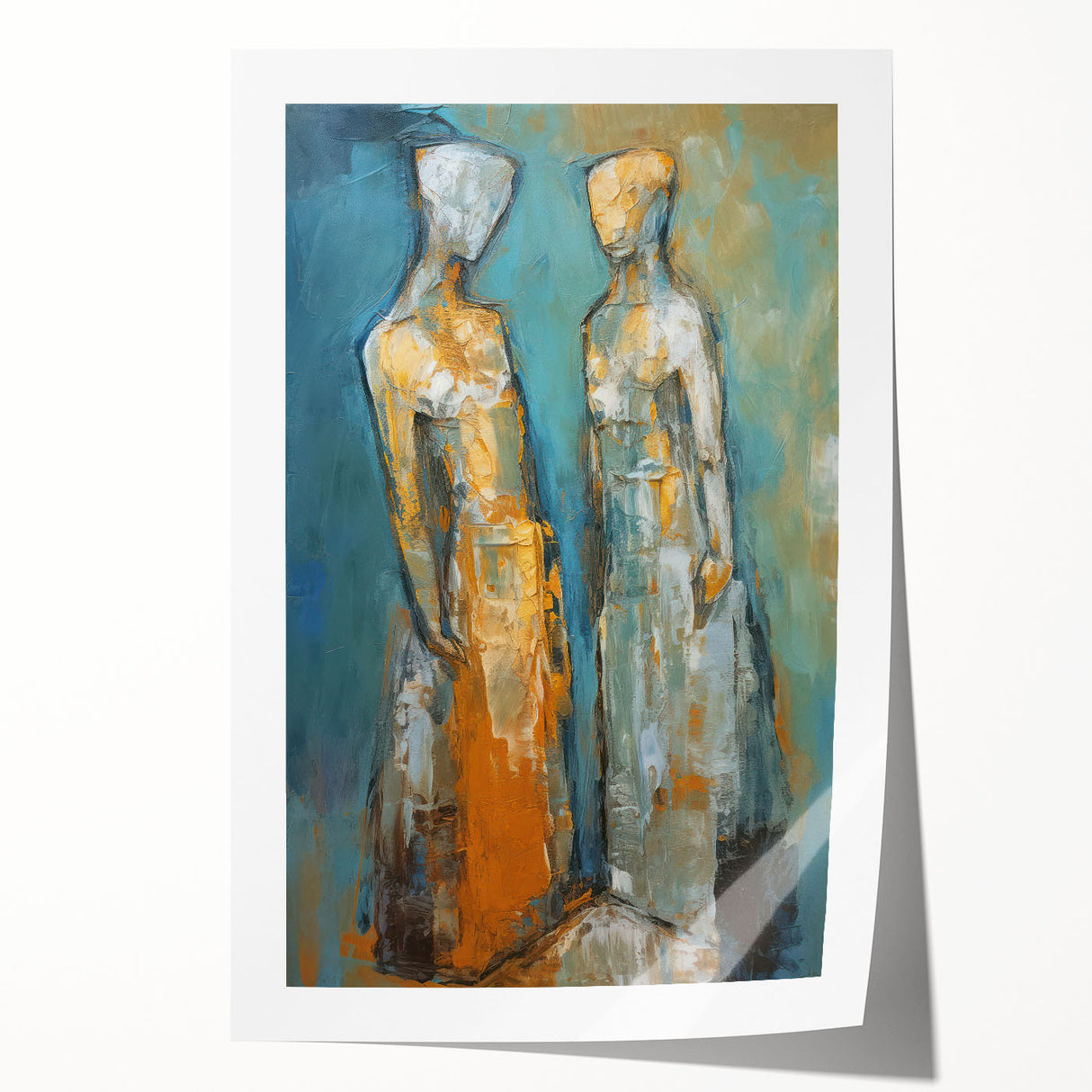 Abstract figurative wall art print featuring vibrant colors and fluid shapes, rolled for easy shipping and ideal for framing in modern decor.