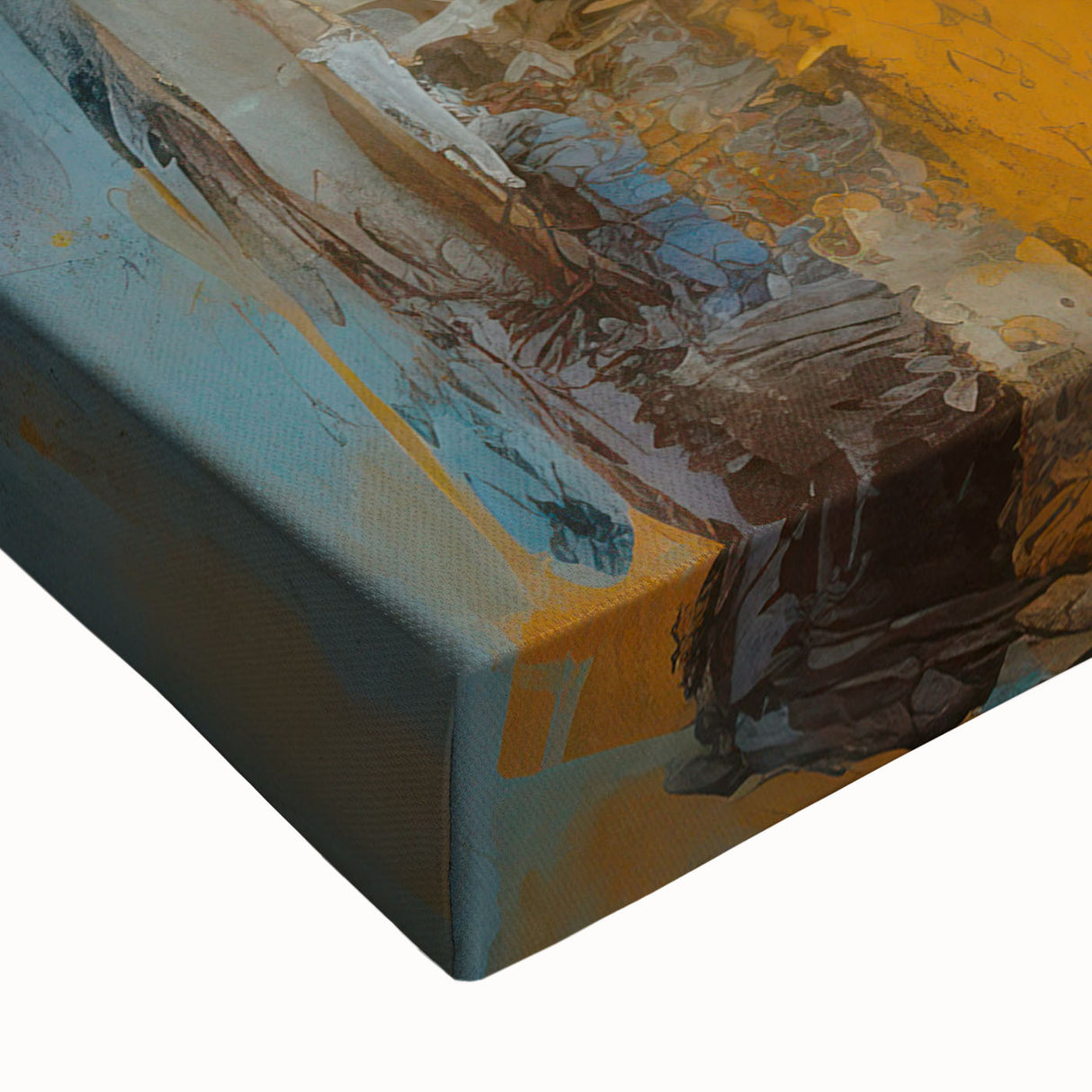 Close-up of a vibrant abstract figurative wall art piece on stretched canvas, showcasing bold colors and dynamic shapes, perfect for modern decor.