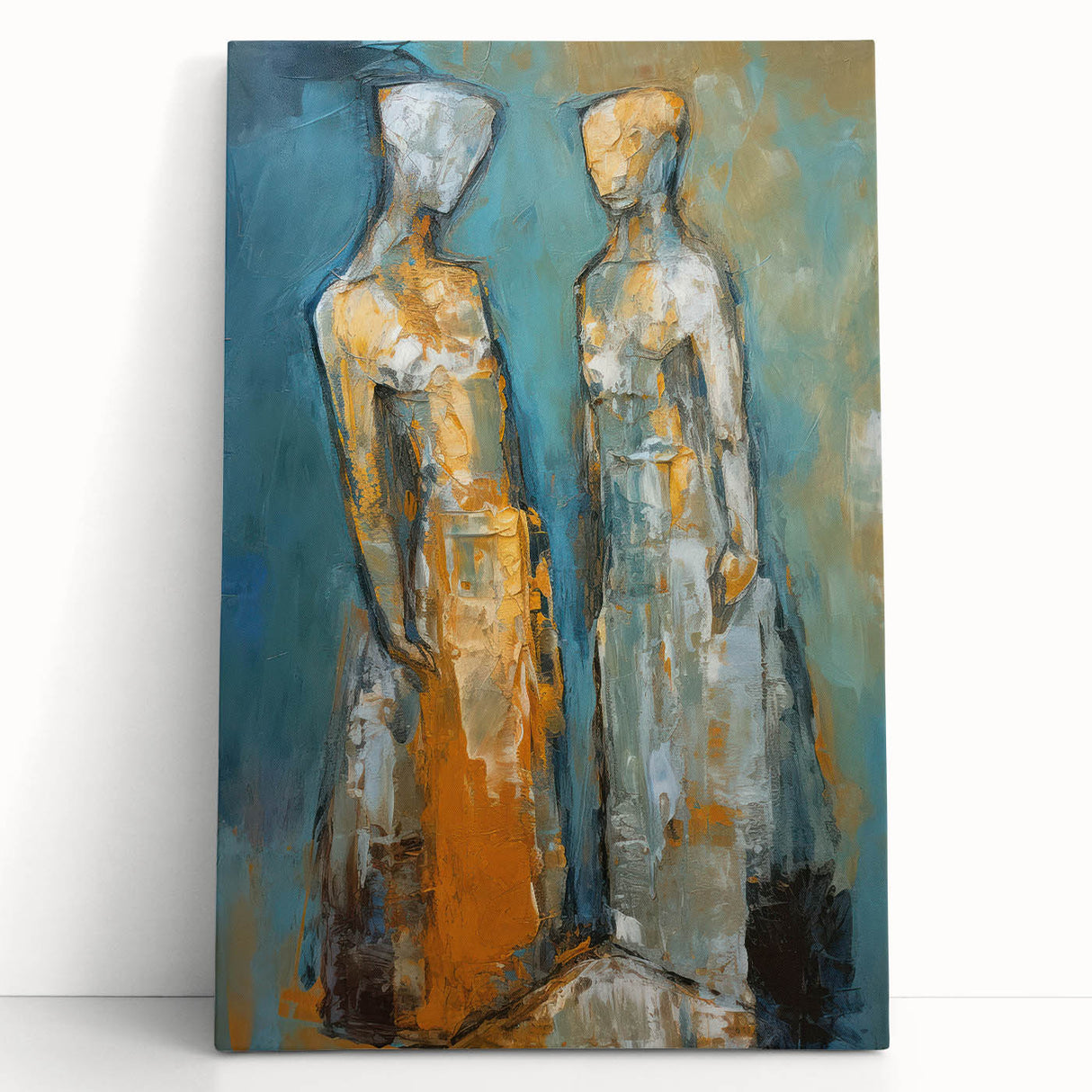 Abstract figurative wall art design on stretched canvas, showcasing vibrant colors and dynamic shapes, perfect for modern home decor.