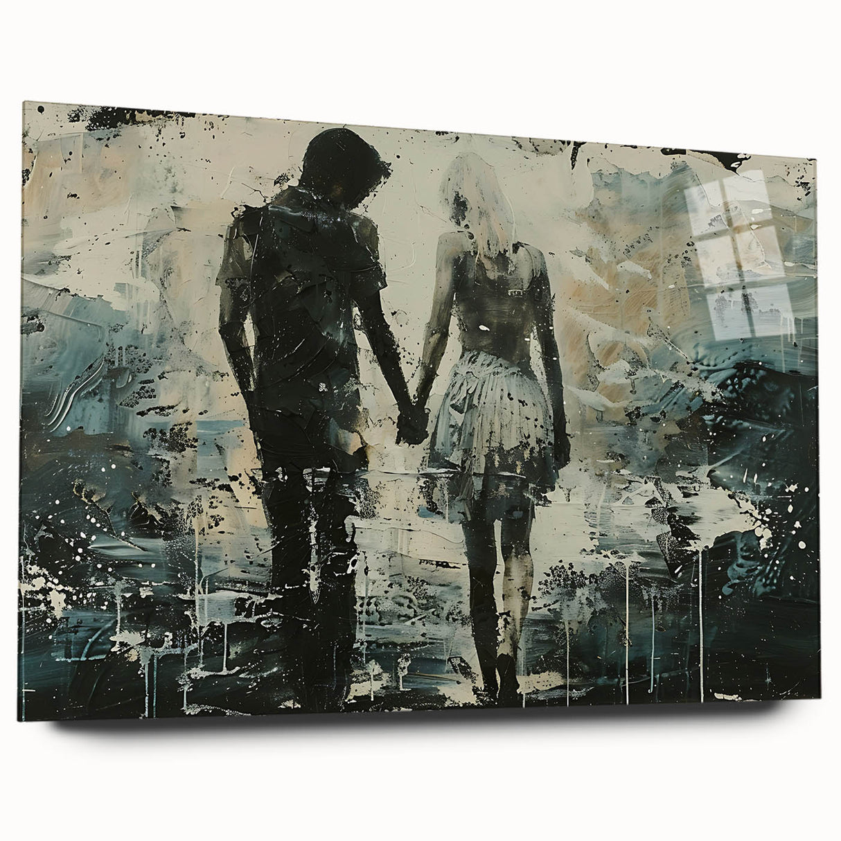 Abstract figurative wall art design displayed in acrylic glass, showcasing vibrant colors and dynamic shapes, perfect for modern decor.