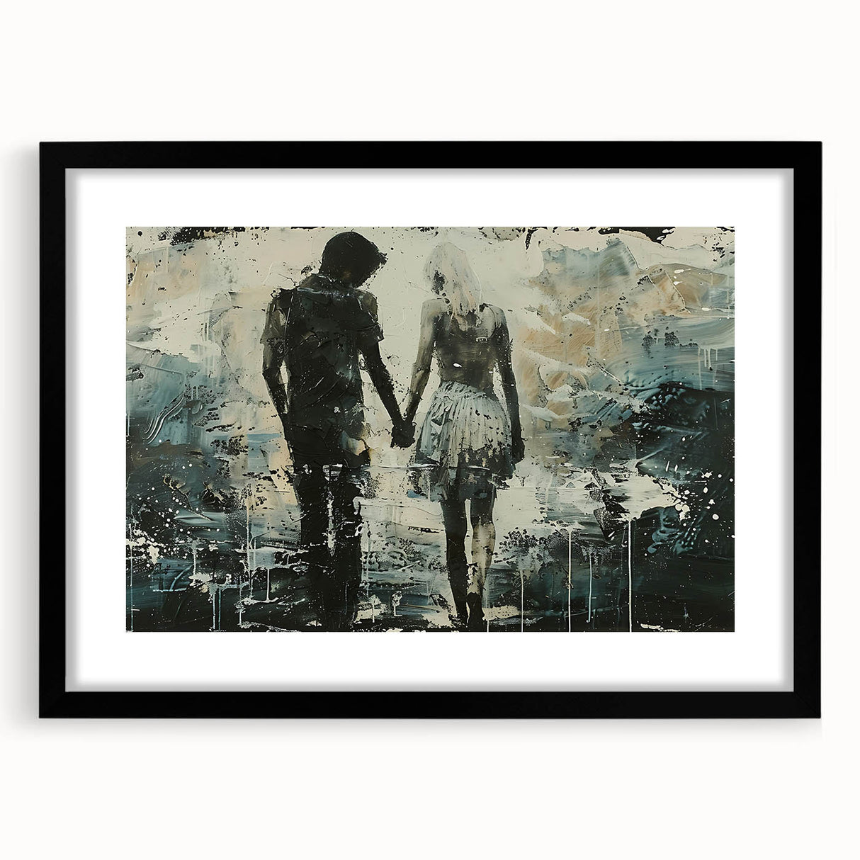 Framed abstract figurative wall art design in a sleek black frame, showcasing vibrant colors and dynamic shapes, perfect for modern decor.