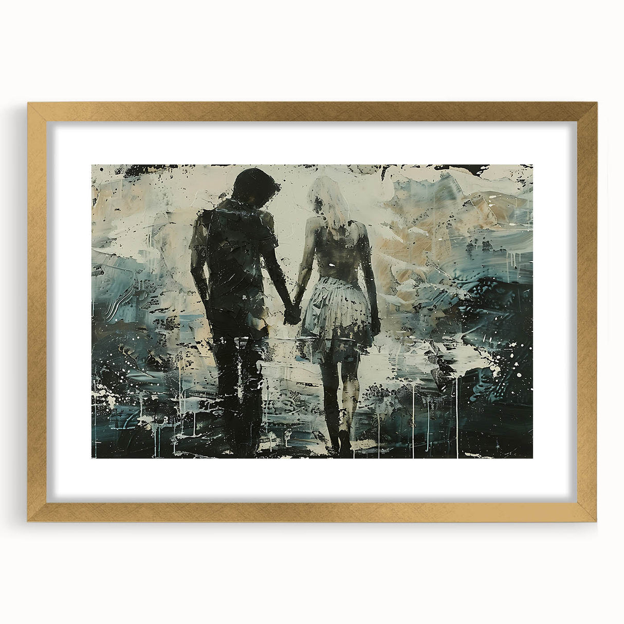 Framed abstract figurative wall art design in gold, showcasing geometric shapes and vibrant colors, perfect for modern home decor.