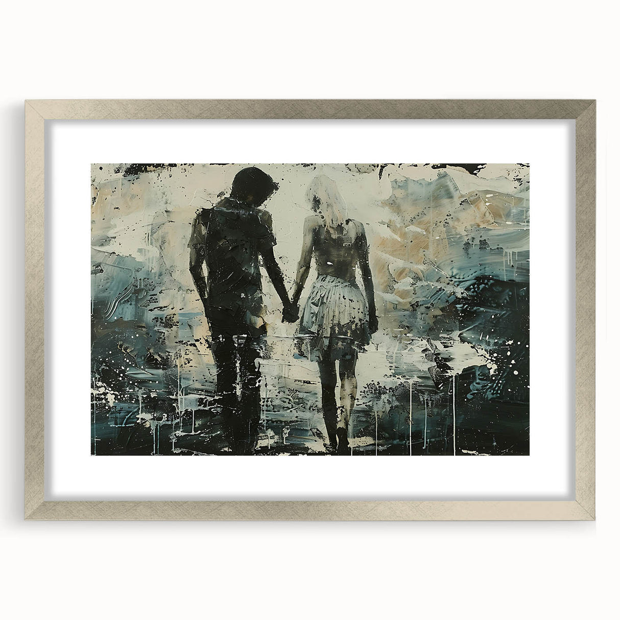 Framed abstract figurative wall art design in silver, showcasing vibrant colors and unique shapes, perfect for modern home decor.