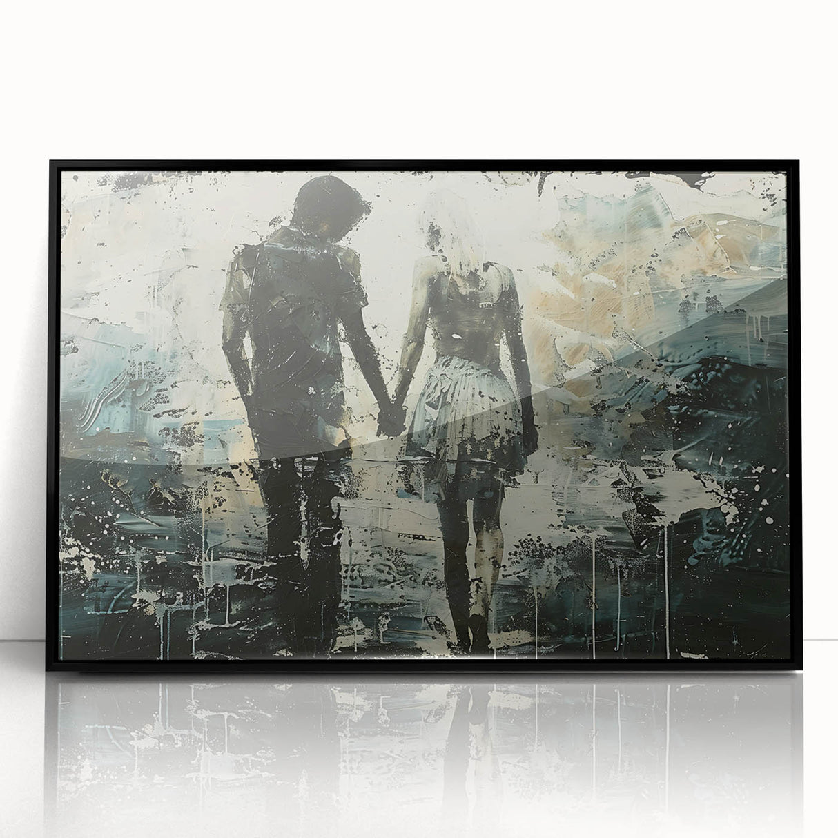 Framed abstract figurative wall art showcasing a vibrant color palette with fluid shapes and dynamic lines, set against a black background.