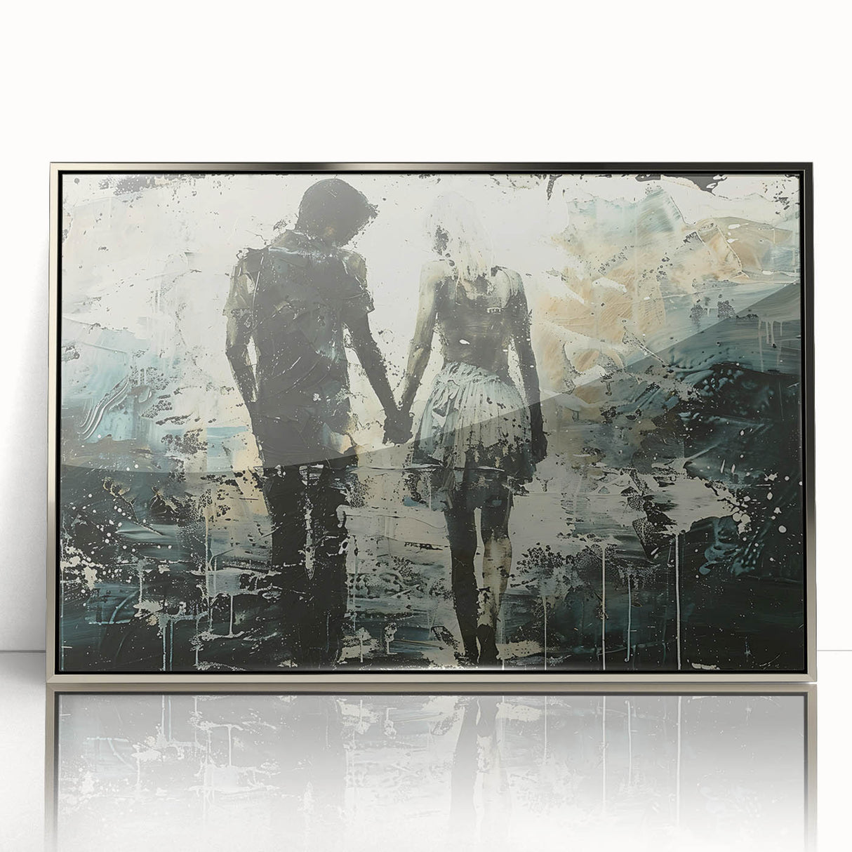 Framed abstract figurative wall art in silver tones, showcasing dynamic shapes and flowing lines, ideal for modern home decor.