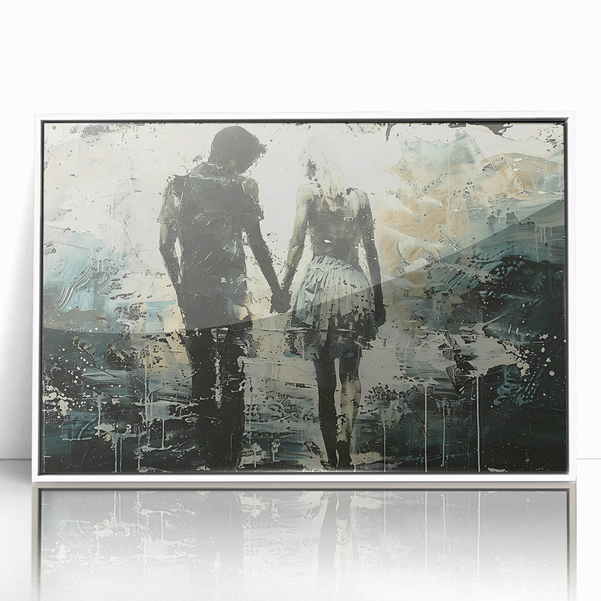 Framed abstract figurative wall art design showcasing vibrant colors and dynamic shapes, presented in a sleek white frame for modern decor.