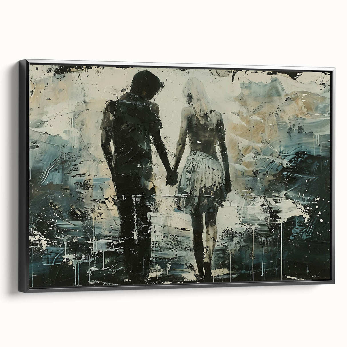 Framed abstract figurative wall art design showcasing bold colors and unique shapes, presented in a sleek black frame from a side view.