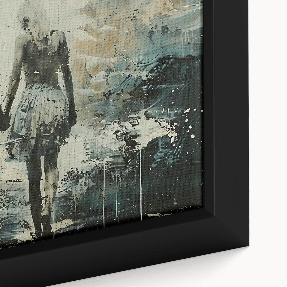 Close-up of a framed abstract figurative wall art piece showcasing vibrant colors and dynamic shapes, perfect for modern interior decor.