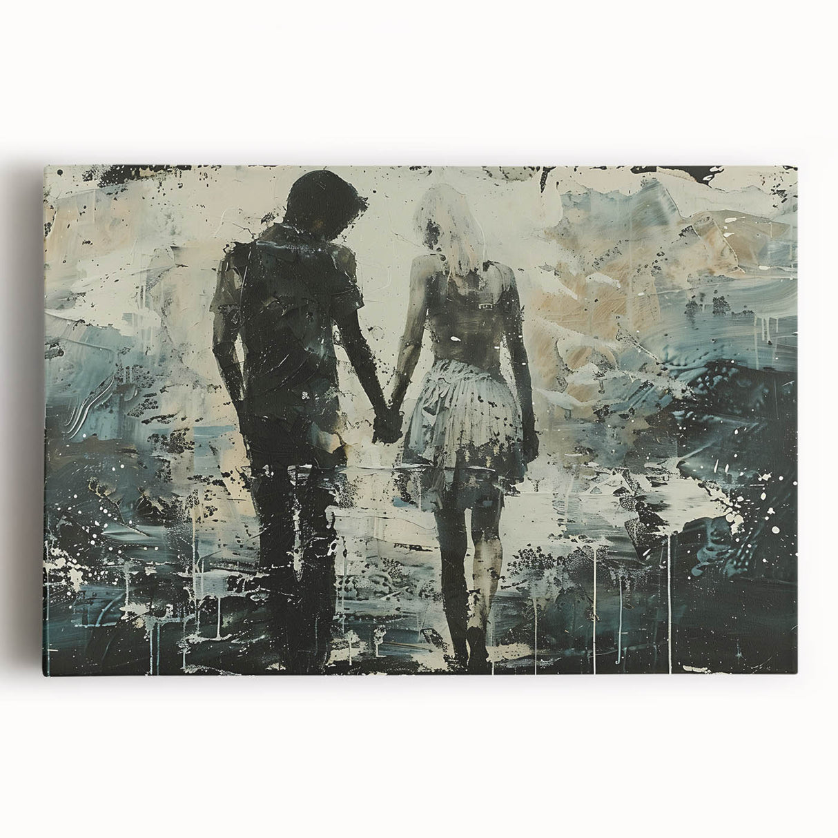 Abstract figurative stretched canvas wall art featuring vibrant colors and dynamic shapes, ideal for contemporary home decor and artistic expression.