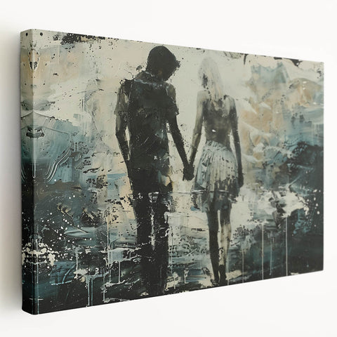 Abstract figurative wall art design on stretched canvas in a side view, showcasing vibrant colors and unique shapes, perfect for modern decor.