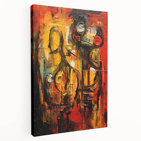 Stretched canvas wall art showcasing an abstract figurative design with vibrant colors and fluid shapes, perfect for modern decor.