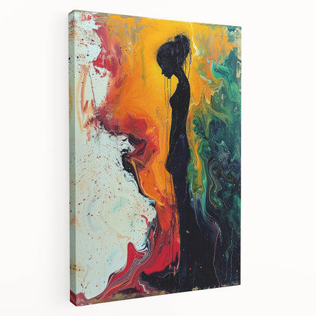Stretched canvas wall art showcasing an abstract figurative design in vibrant colors, perfect for modern home decor and artistic expression.