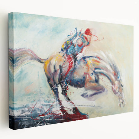 Stretched canvas artwork showcasing an abstract figurative design in vibrant colors, perfect for modern home decor. Ideal for enhancing interior aesthetics.