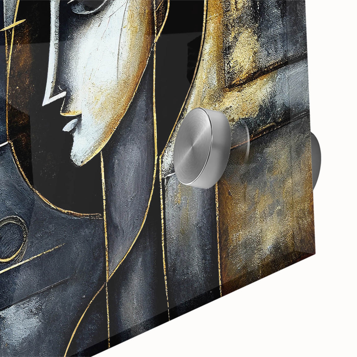 Close-up of an abstract figurative wall art piece showcasing vibrant colors and dynamic shapes, designed for modern home decor aesthetics.