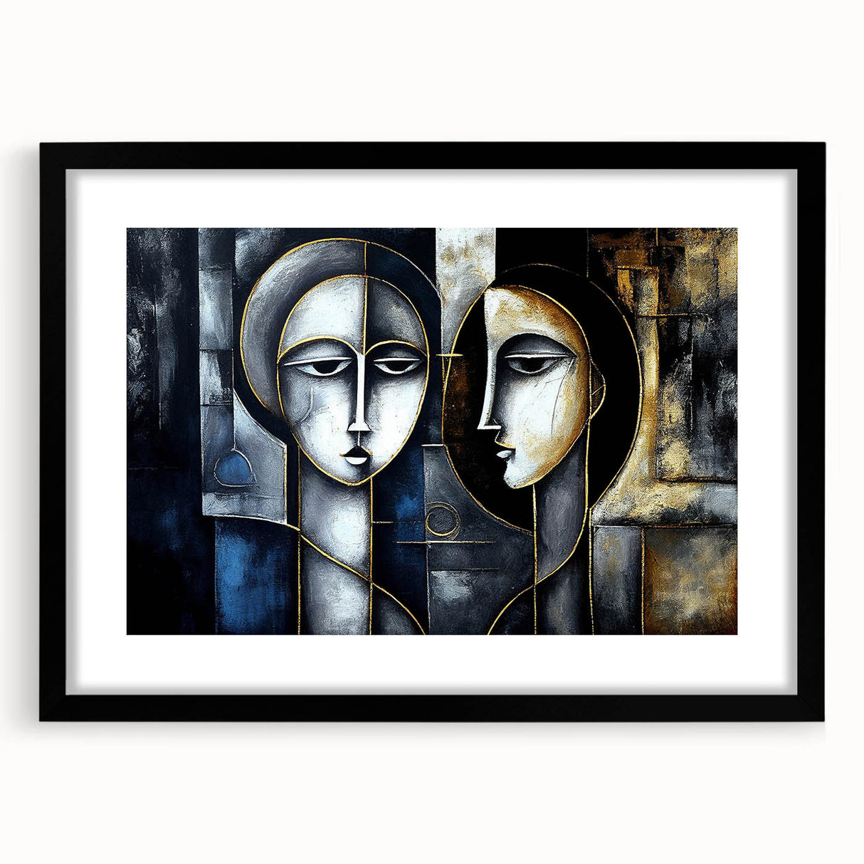 Abstract figurative wall art design in a black frame with mat, showcasing vibrant colors and unique shapes, perfect for modern decor.