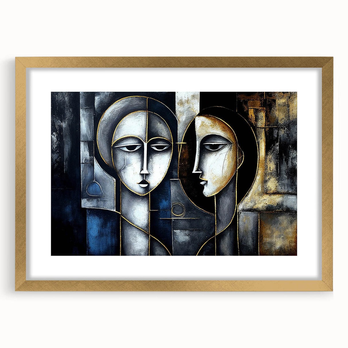 Abstract figurative wall art in gold frame showcasing vibrant colors and dynamic shapes, perfect for modern decor and enhancing interior spaces.