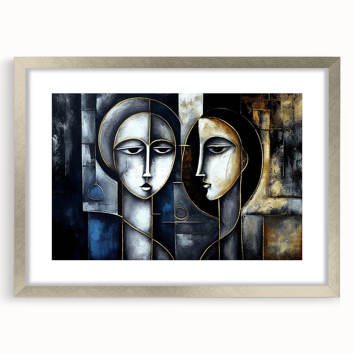 Framed abstract figurative wall art design in a silver frame, showcasing vibrant colors and dynamic shapes, ideal for modern decor.