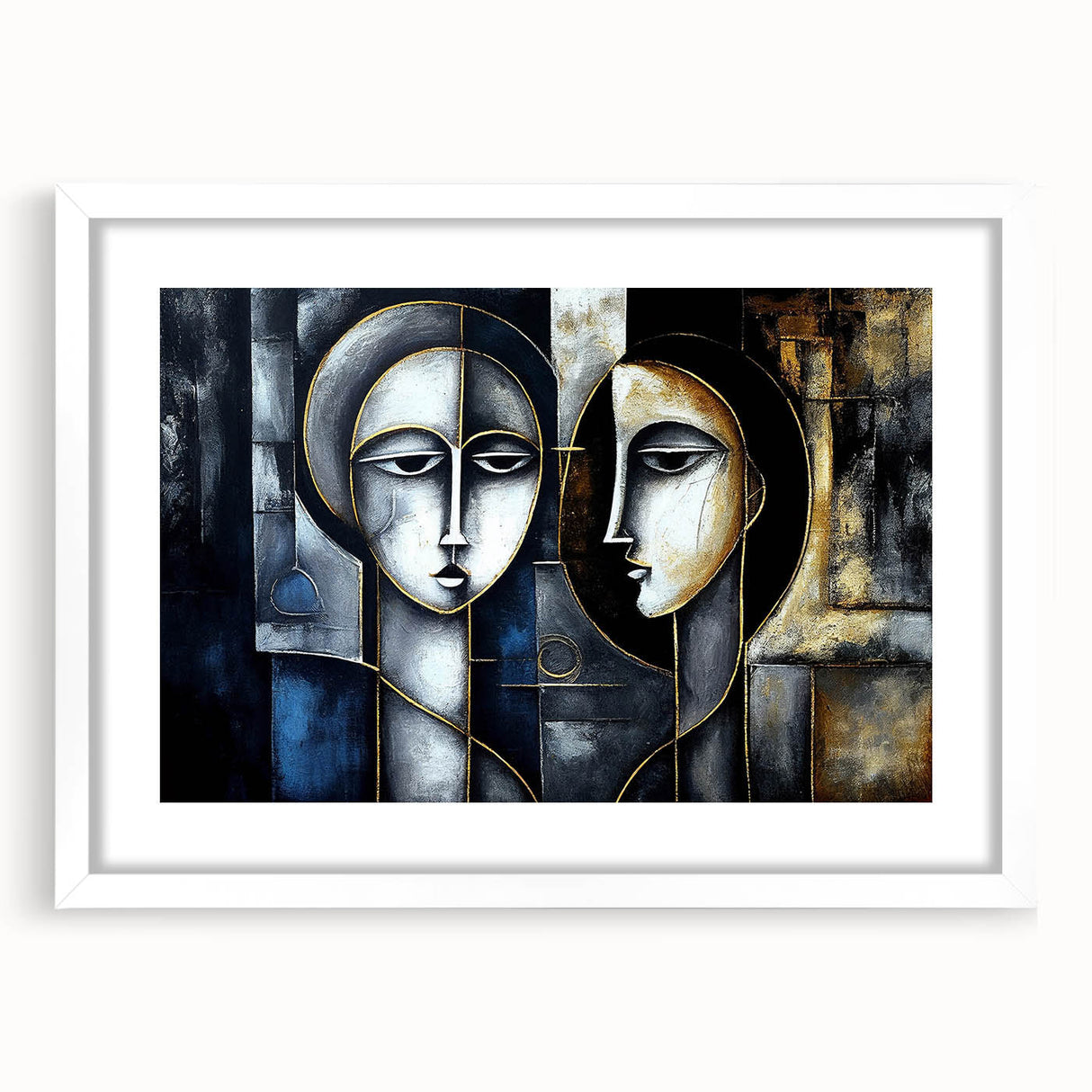 Framed abstract figurative wall art collection featuring a minimalist design, set in a sleek white frame with matting, perfect for modern decor.