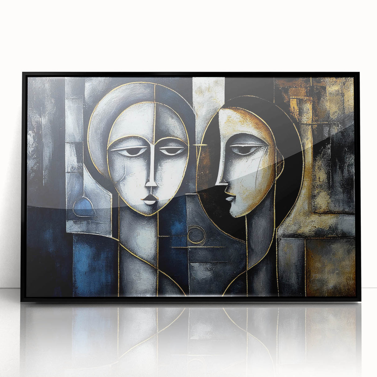 Framed abstract figurative wall art featuring a dynamic design in vibrant colors, showcasing a contemporary aesthetic with a sleek black frame.