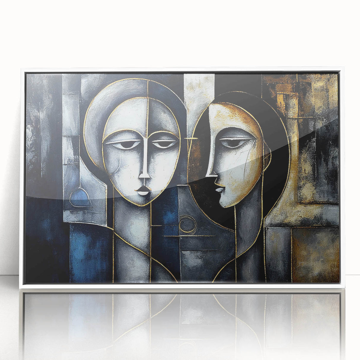 Framed abstract figurative wall art design showcasing vibrant colors and dynamic shapes, set against a sleek white frame for modern decor.
