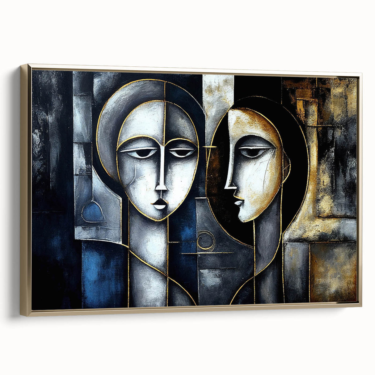 Framed abstract figurative wall art in gold tones, showcasing a modern design with fluid shapes, ideal for contemporary home decor.