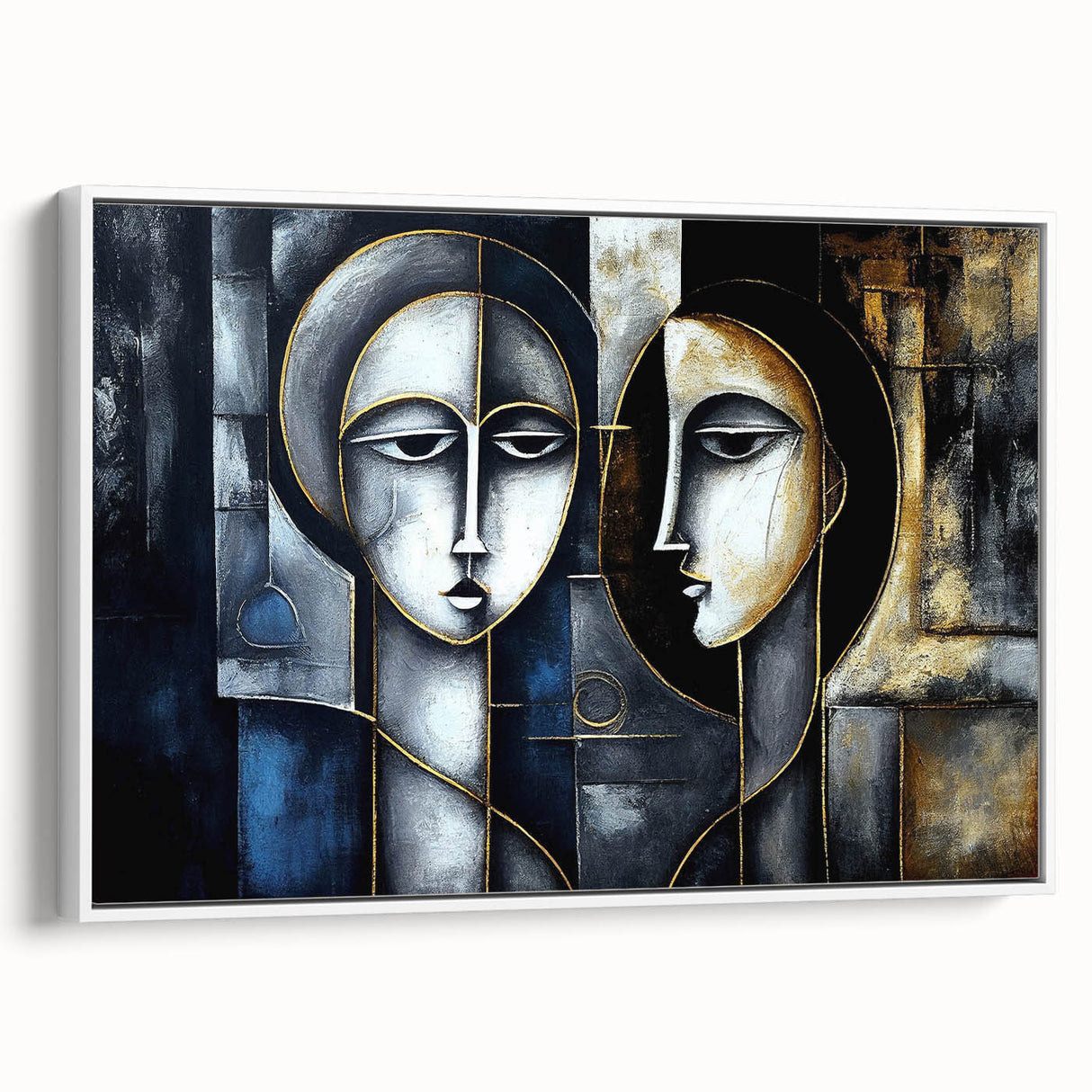 Framed abstract figurative wall art featuring vibrant colors and dynamic shapes, displayed in a sleek white frame against a neutral background.