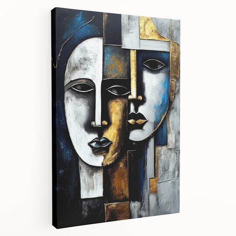 Abstract figurative wall art piece displayed on a stretched canvas, showcasing vibrant colors and dynamic shapes, perfect for modern decor.