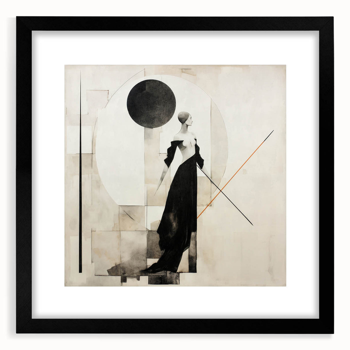Framed abstract figurative wall art in black, showcasing dynamic shapes and colors, perfect for modern home decor.