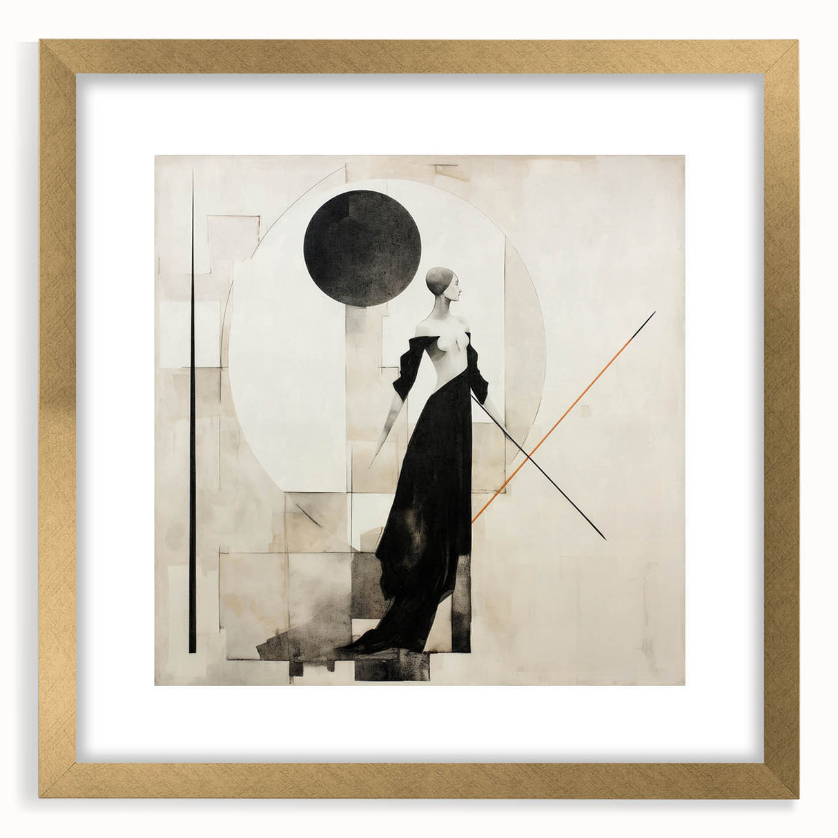 Abstract figurative wall art design in a gold frame, showcasing vibrant colors and dynamic shapes, perfect for modern home decor.