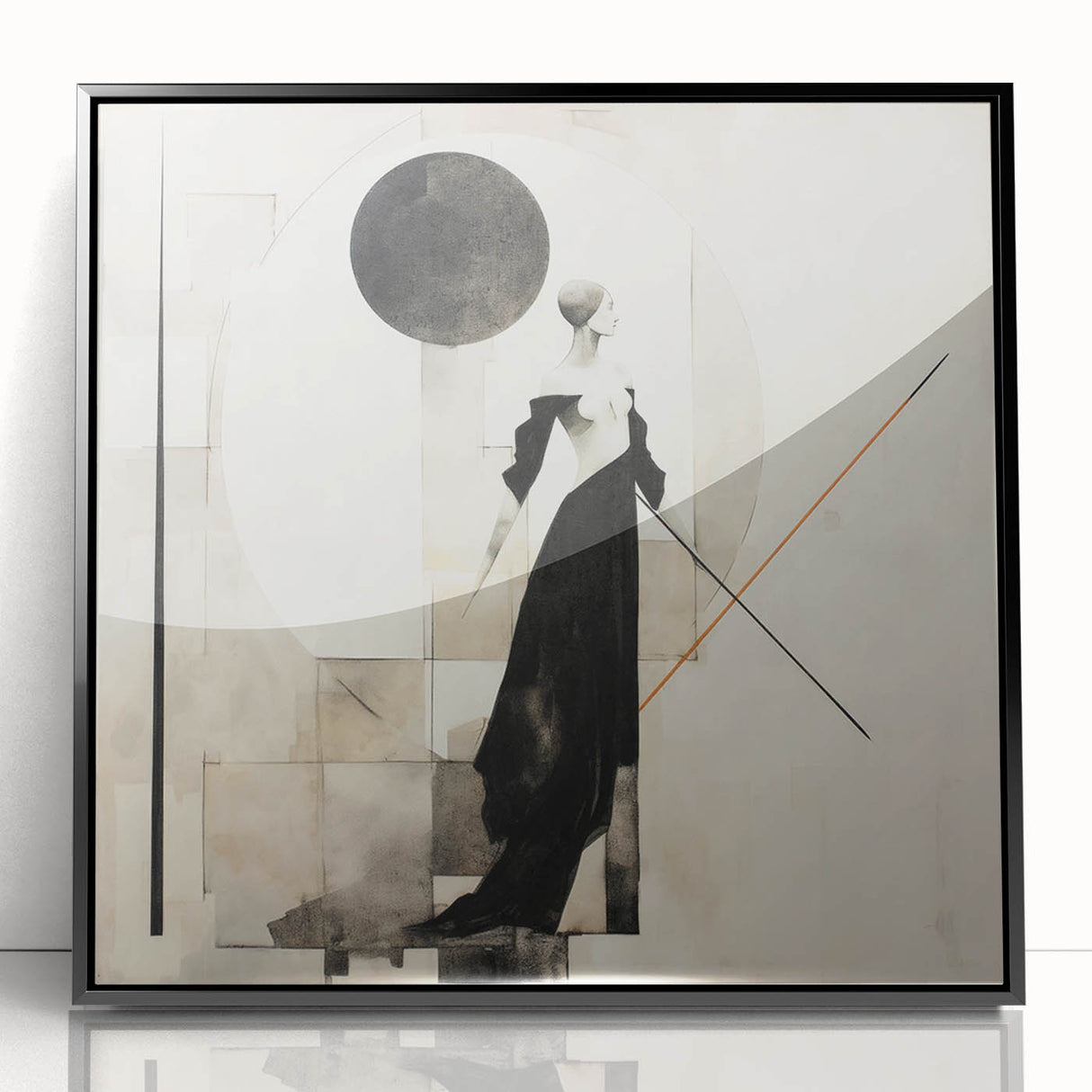 Framed abstract figurative wall art in black acrylic, featuring fluid shapes and bold colors, ideal for modern home decor enhancement.