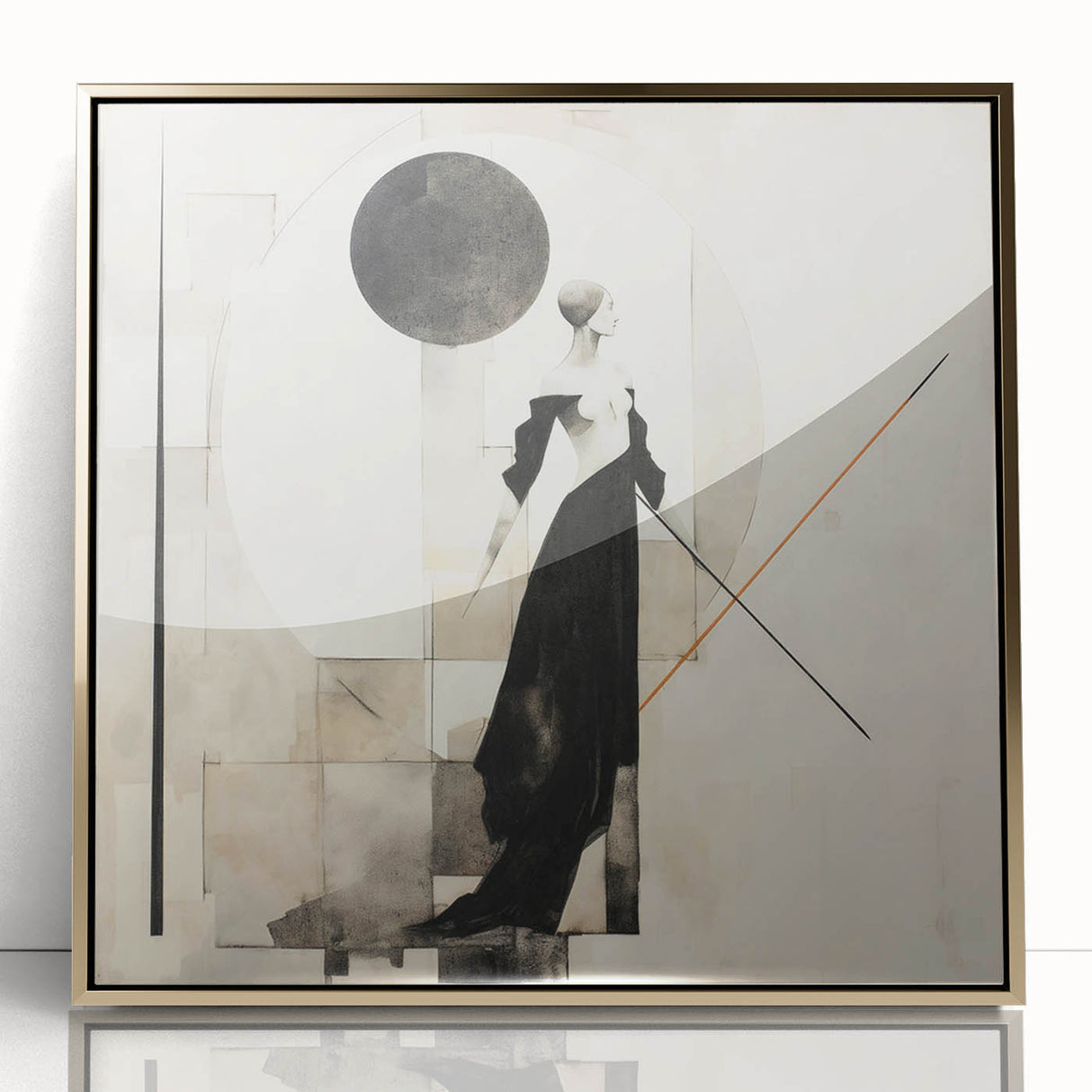 Framed abstract figurative wall art design in gold, showcasing dynamic shapes and textures, perfect for modern home decor.