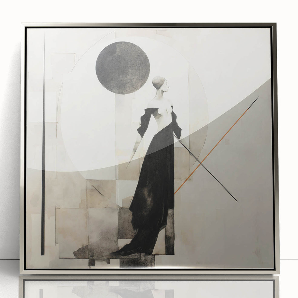 Framed abstract figurative wall art design with silver accents, showcasing dynamic shapes and fluid lines, perfect for modern decor.