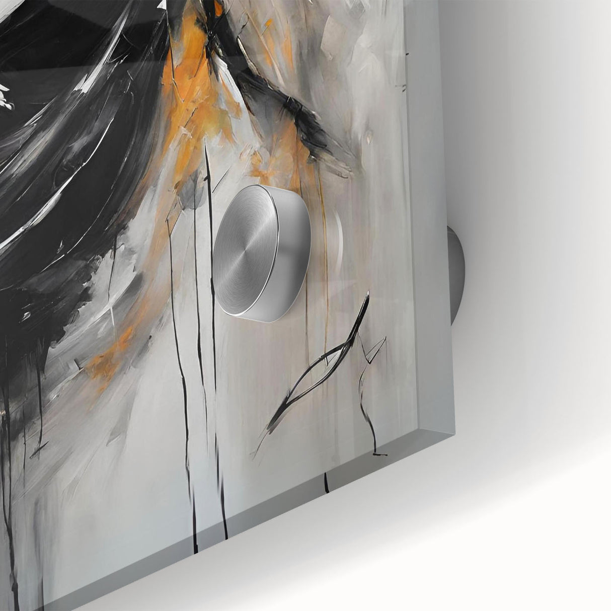 Close-up of an abstract figurative wall art piece showcasing vibrant colors and fluid shapes, printed on acrylic glass for a modern finish.