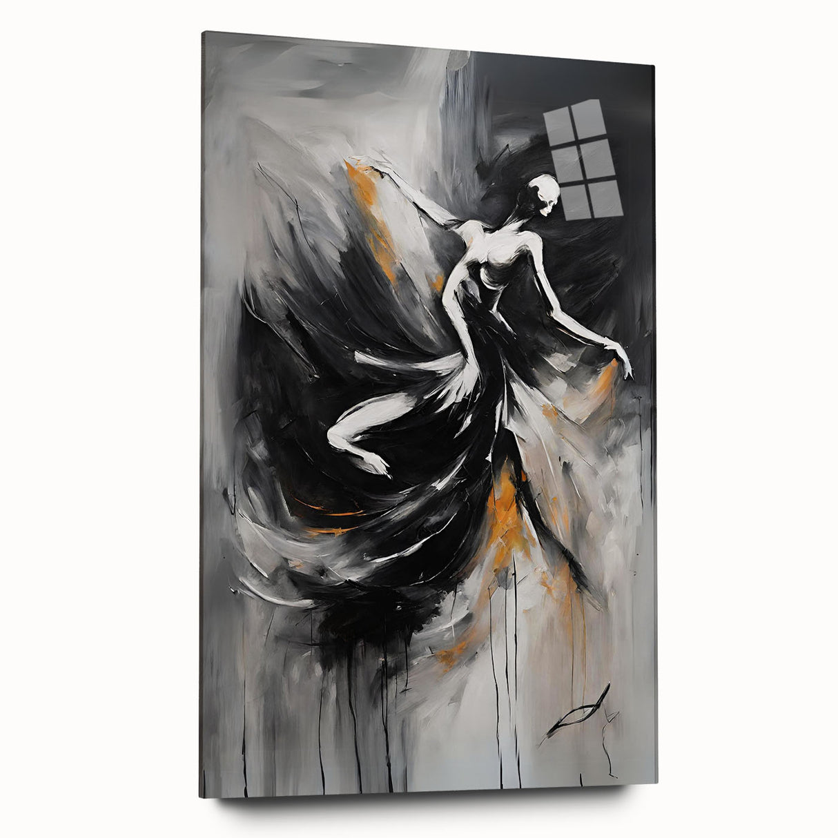 Abstract figurative wall art design displayed in an acrylic glass frame, showcasing vibrant colors and dynamic shapes, perfect for modern decor.