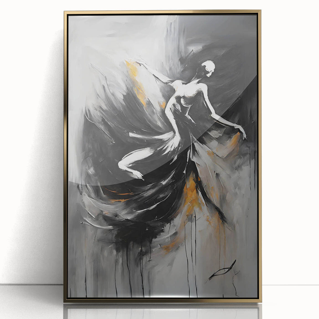 Framed abstract figurative wall art design showcasing dynamic shapes in gold and black, set against a sleek acrylic background for modern decor.