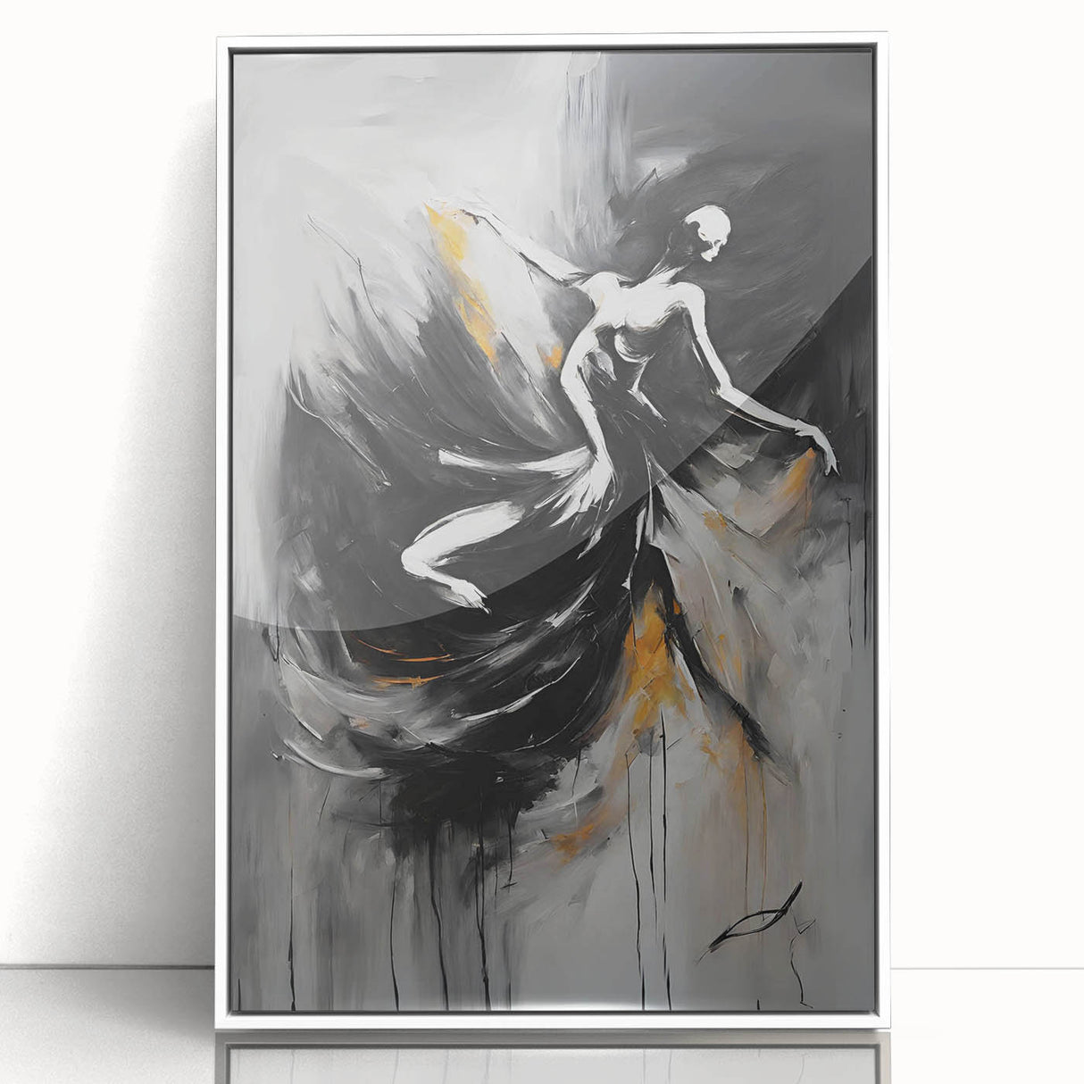 Framed abstract figurative wall art design showcasing vibrant colors and dynamic shapes, set in a sleek white frame for modern decor.