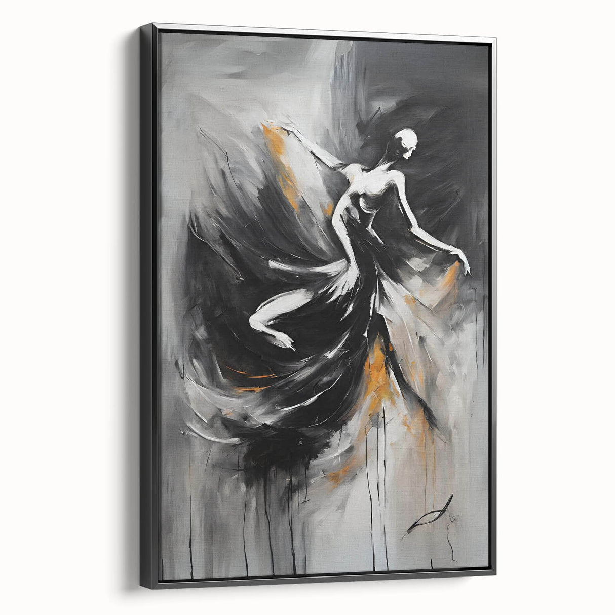 Framed abstract figurative wall art in a sleek black frame, showcasing vibrant colors and dynamic shapes, perfect for modern decor.