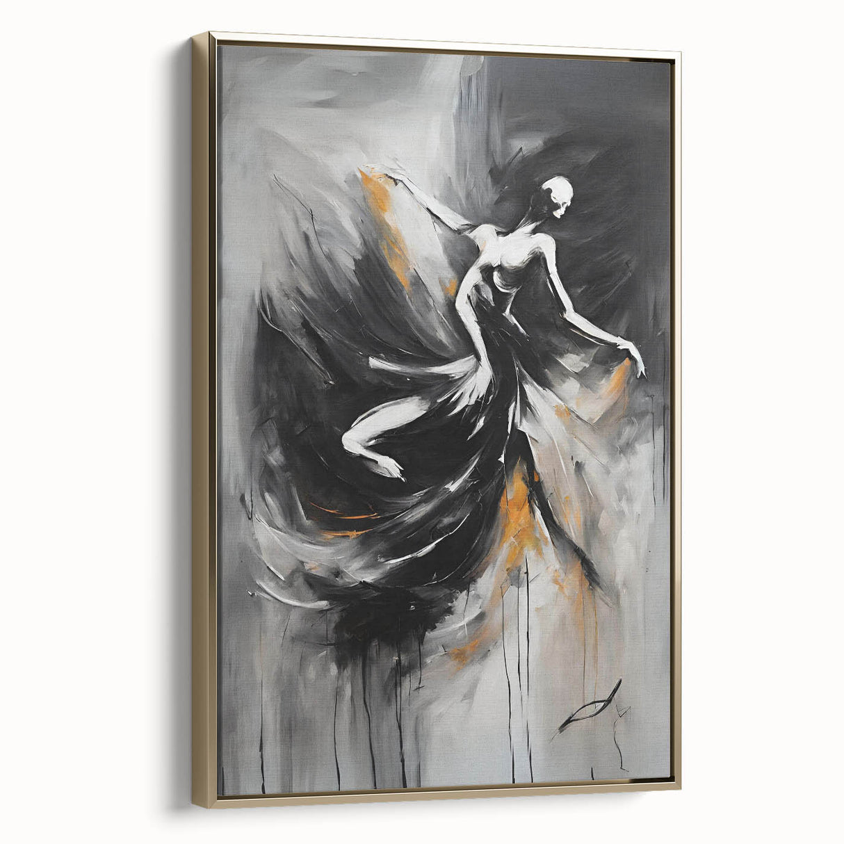 Framed abstract figurative wall art in gold tones, showcasing a modern design with fluid shapes, ideal for contemporary home decor.