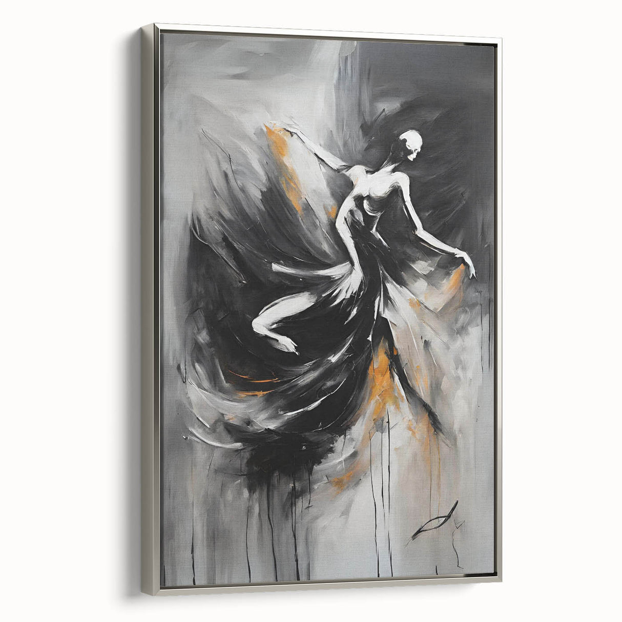 Framed abstract figurative wall art in silver, showcasing dynamic shapes and vibrant colors, perfect for modern home décor.