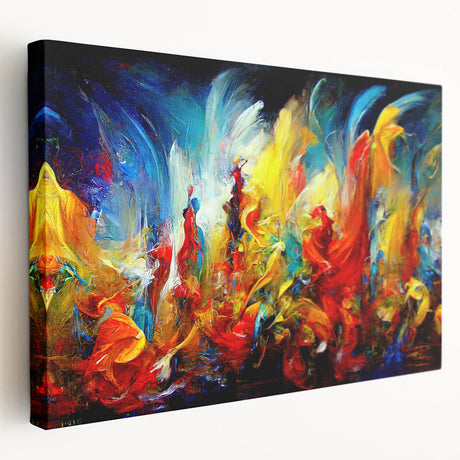 Abstract figurative wall art design on stretched canvas, showcasing vibrant colors and dynamic shapes, ideal for modern home decor.
