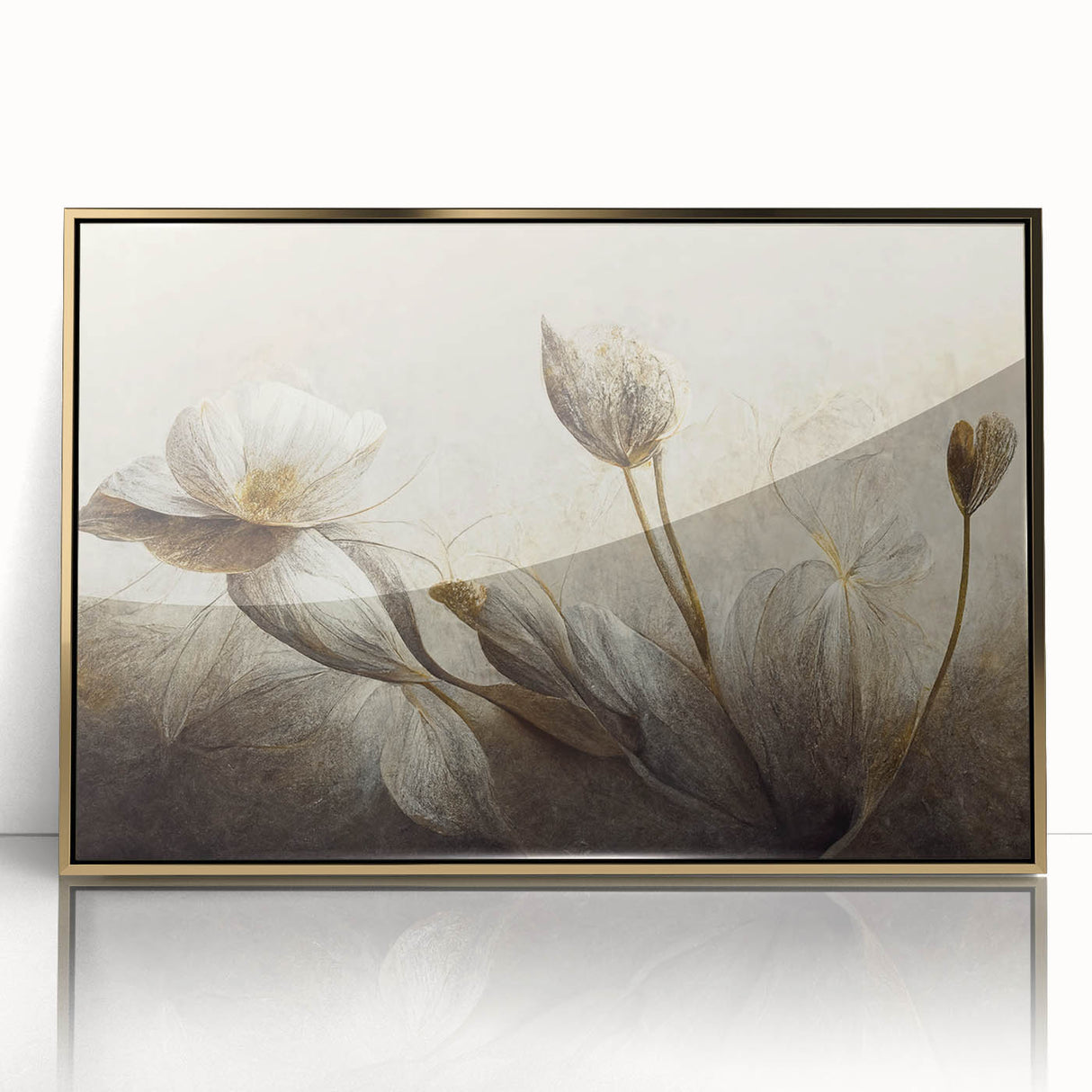 Framed wall art print showcasing an abstract floral design with vibrant colors and gold accents, perfect for modern home decor.
