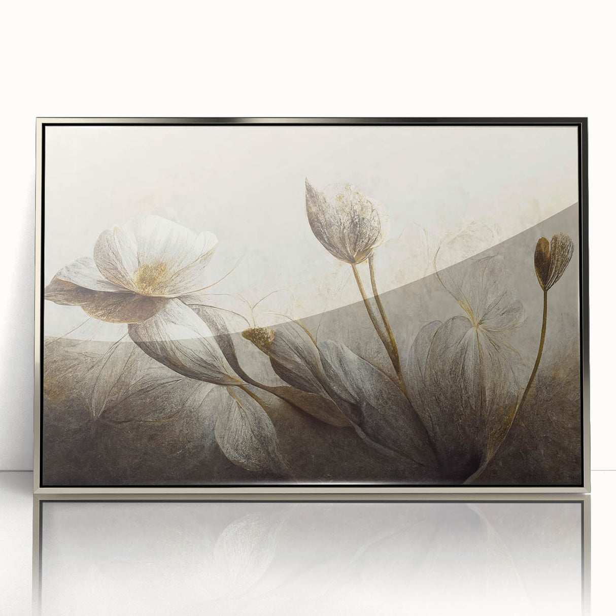 Framed abstract floral wall art in silver acrylic, showcasing vibrant colors and intricate patterns, ideal for modern home decor accents.