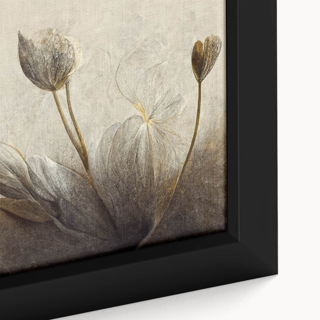 Close-up of a framed abstract floral wall art piece, showcasing vibrant colors and intricate details on canvas, perfect for home decor.
