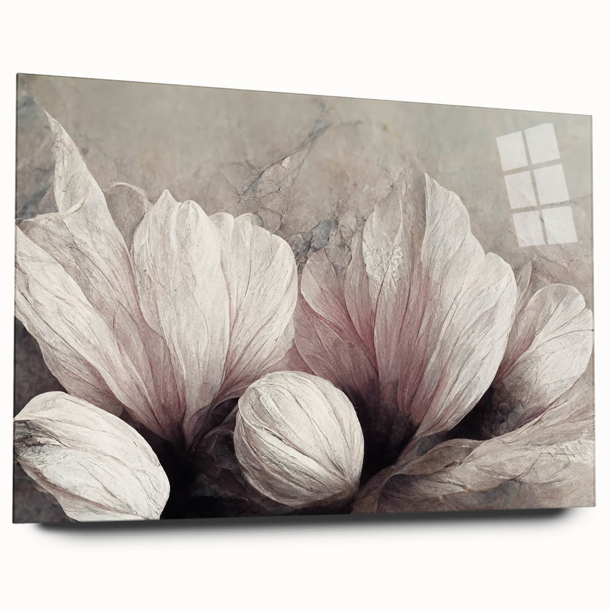 Abstract floral wall art design showcasing vibrant colors and intricate patterns, presented in acrylic glass with a sleek side view, ideal for modern decor.