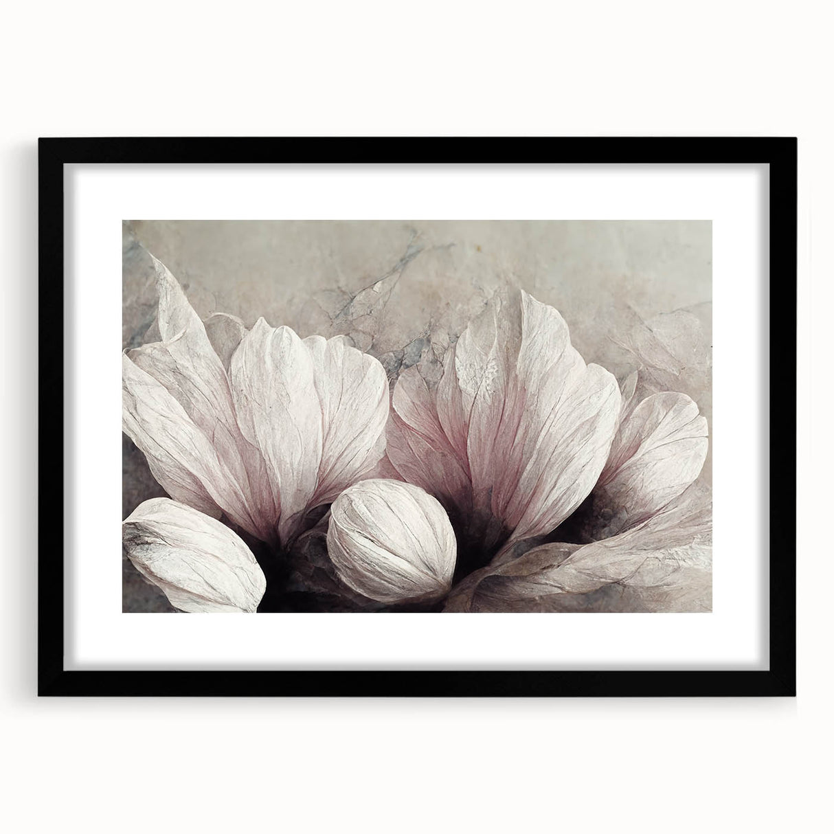 Framed wall art featuring an abstract floral design in vibrant colors, set in a sleek black frame with a mat, perfect for modern decor.