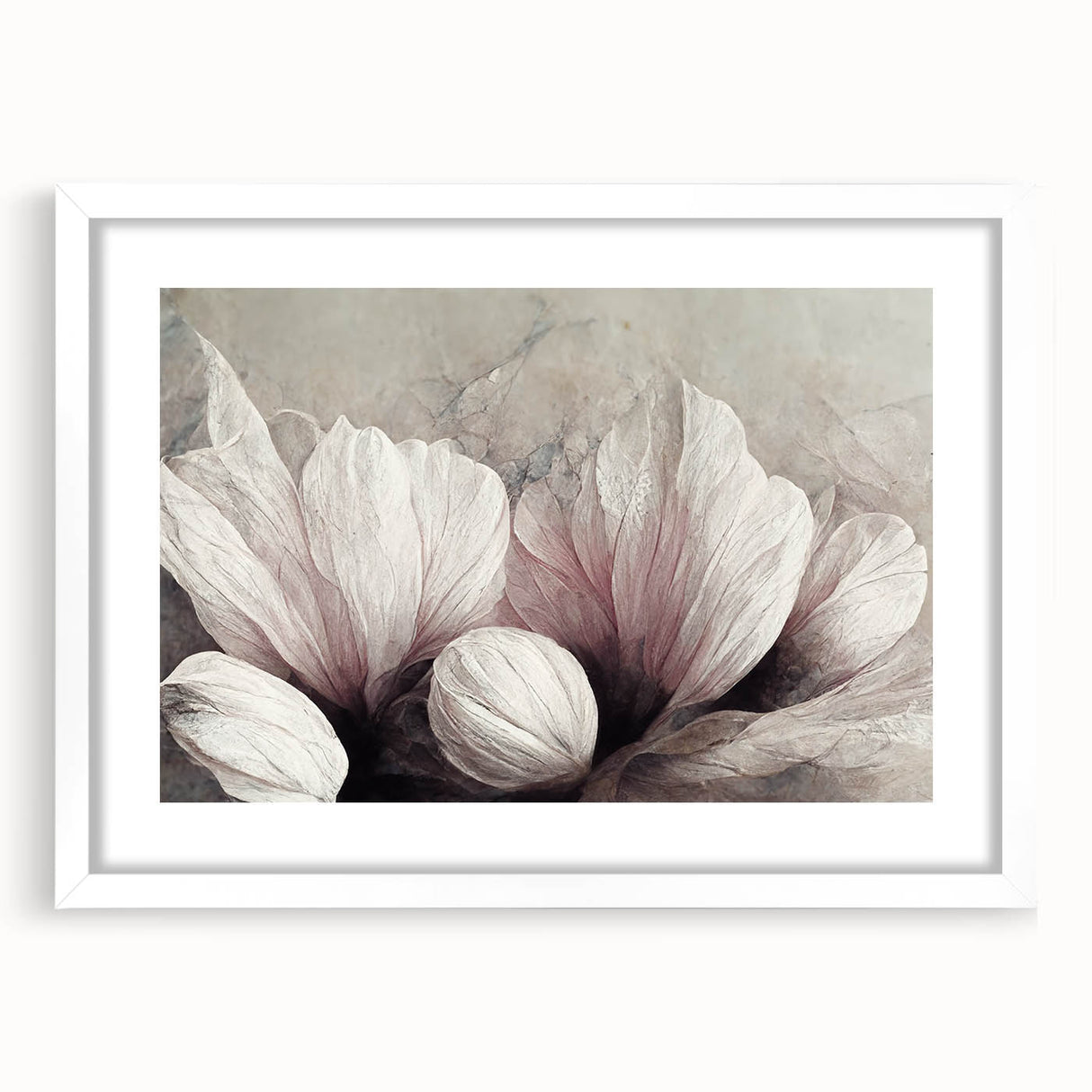 Abstract floral wall art design in a white frame with a mat, showcasing vibrant colors and intricate patterns, perfect for modern decor.