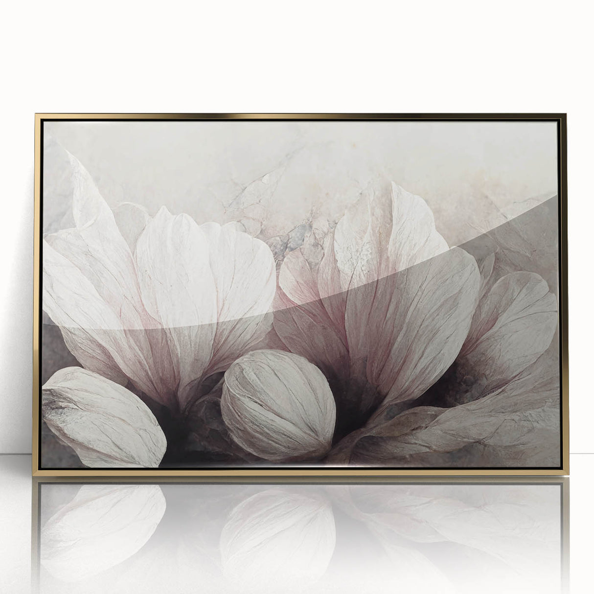 Framed abstract floral wall art design in gold and white, showcasing delicate petals and intricate patterns, perfect for modern decor.
