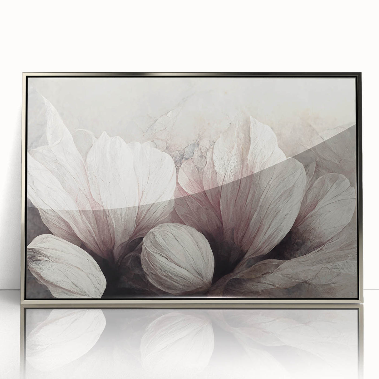 Framed abstract floral wall art in silver acrylic showcasing vibrant colors and delicate patterns, ideal for modern home decor.